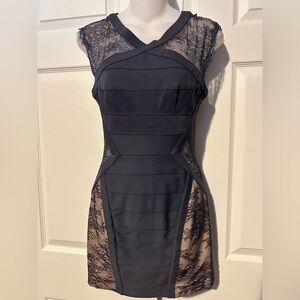 BCBGMAXAZRIA BCBG BLUE NAVY nude Lace side cut out Dress 0 bodycon NEW NWT
